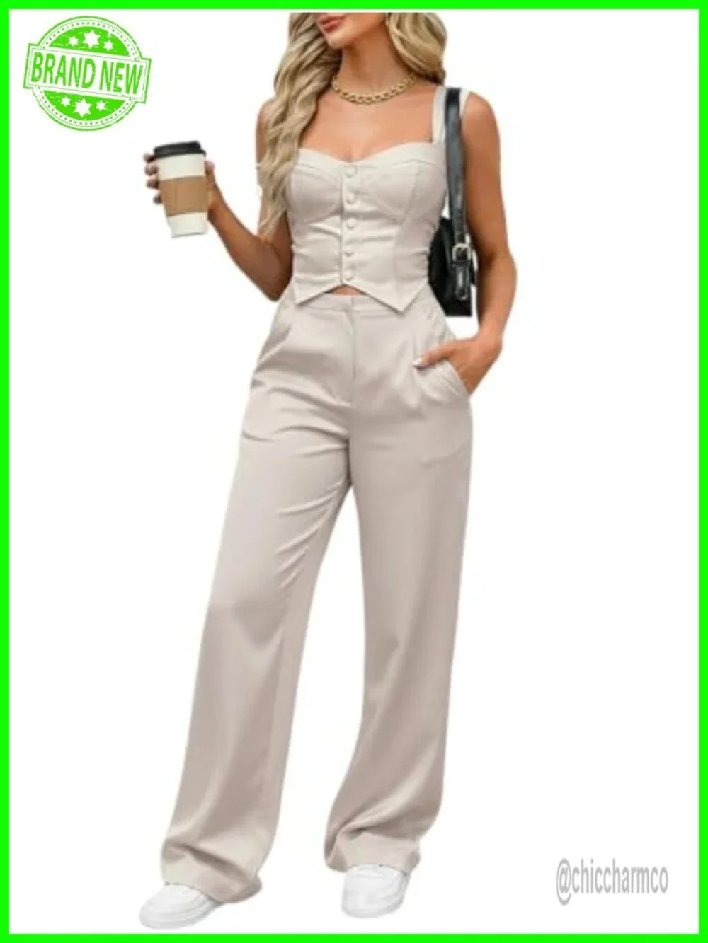 2 Piece Outfit: Button Front Tank Top with Wide Leg Pants Set - Picture 1 of 6